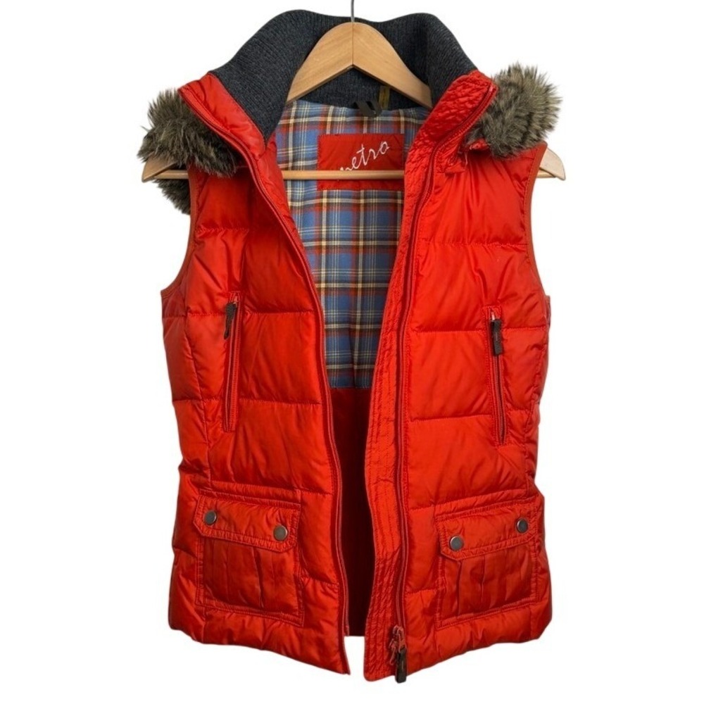 Metro Puffer Vest‎ Women XS Orange/Red Faux Fur Hood Plaid Lining Gorpcore Ski